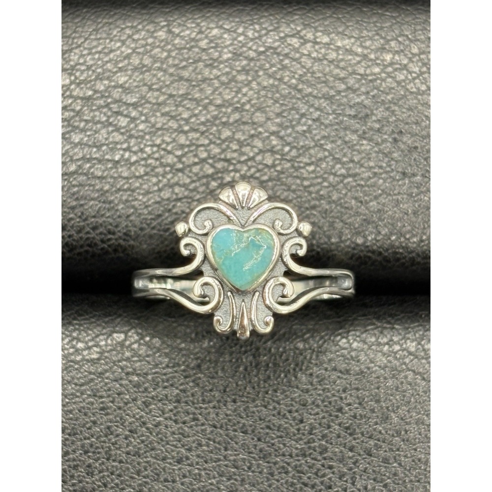 New Condition Sterling Silver Turquoise Heart Filigree Ring Size 7 E22